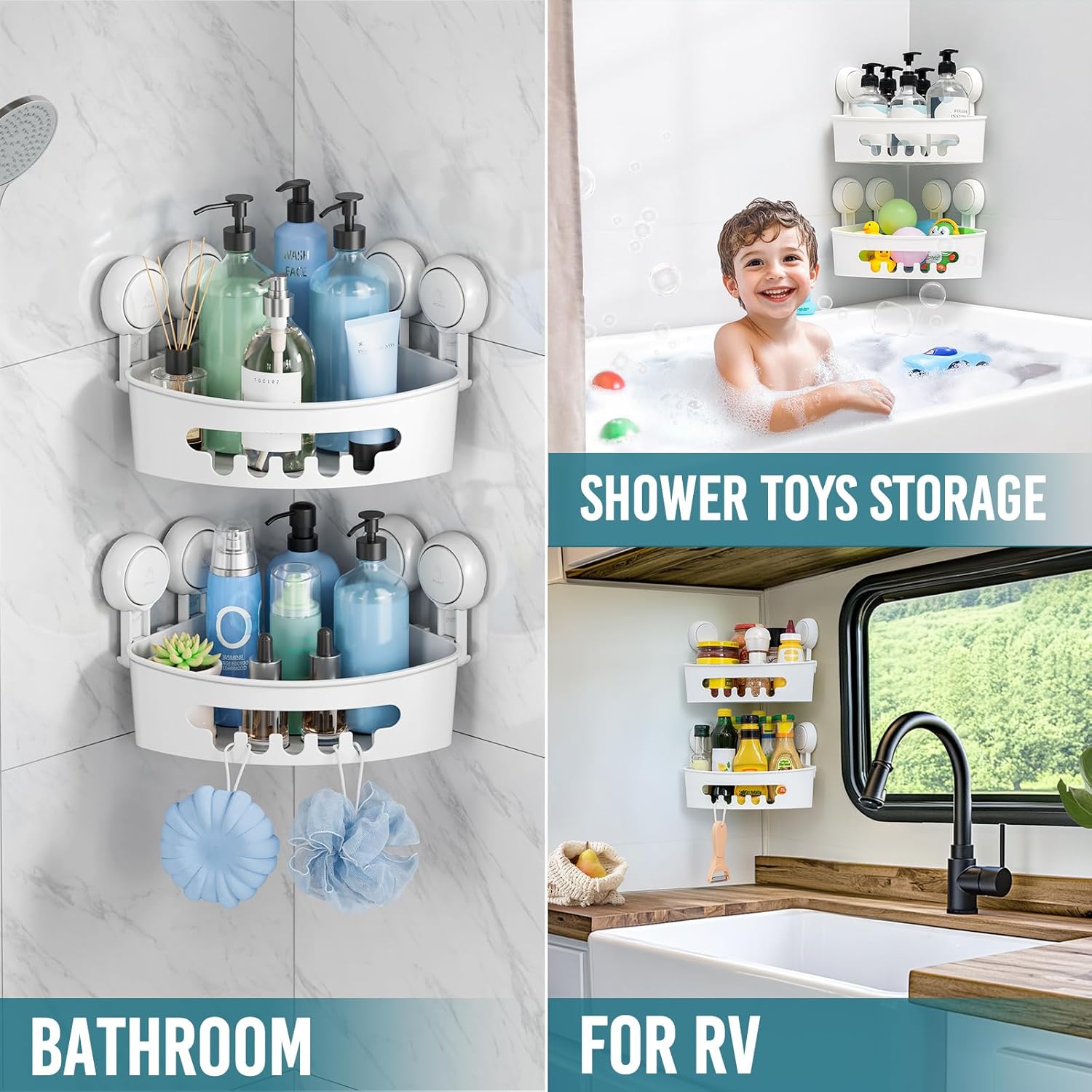 Taili Lot de 2 paniers d'angle de douche à ventouses, panier de rangement pour salle de bain, organisateur mural pour shampoing et après-shampoing