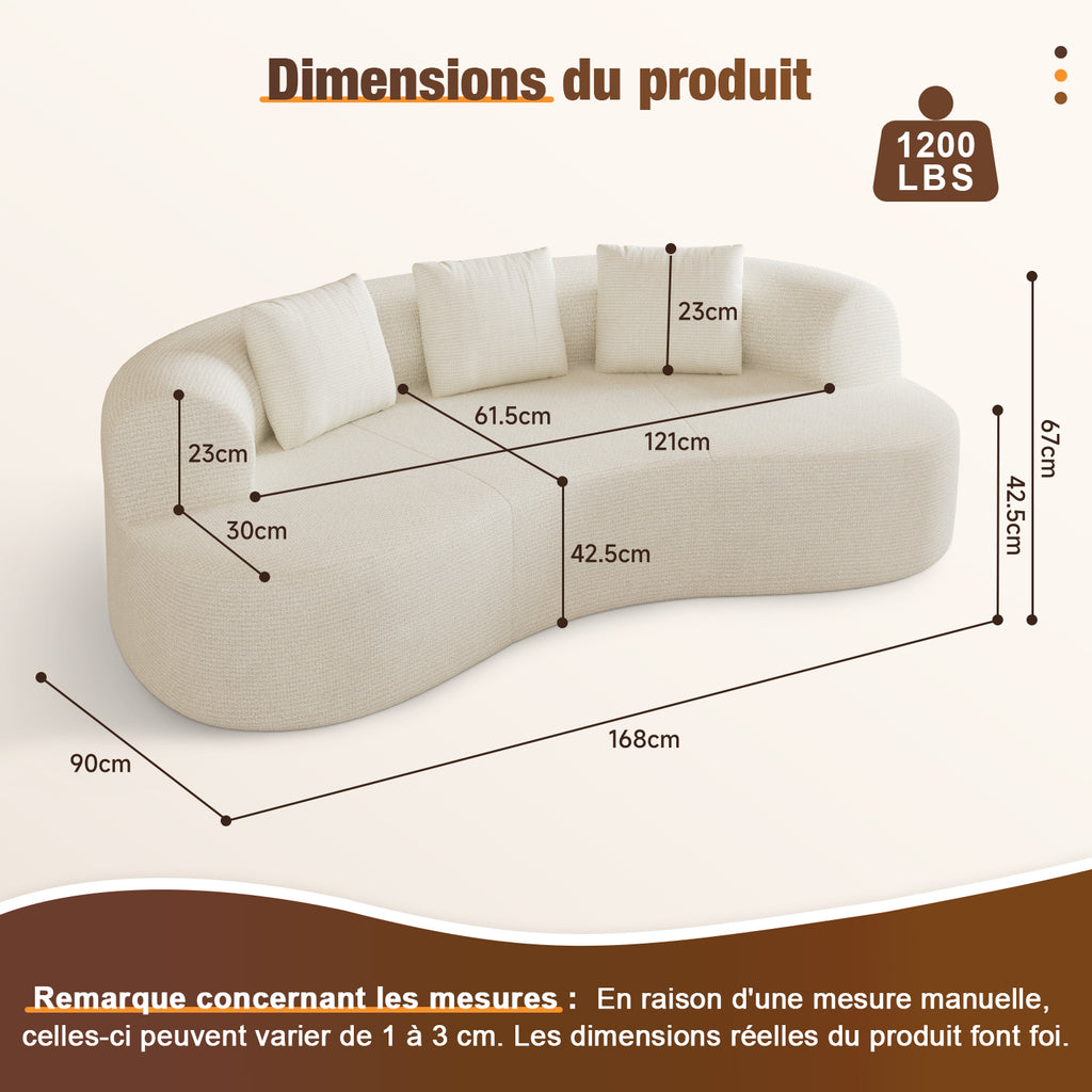 GTIMEX Canapé 2 places, Canapé modulable en chenille, 168 x 90 x 67 cm, Capacité de charge statique : 270 kg, Aucun assemblage requis, Canapé sans armatures, Canapé rembourré au design incurvé avec 3 coussins décoratifs pour salon et petits apparteme