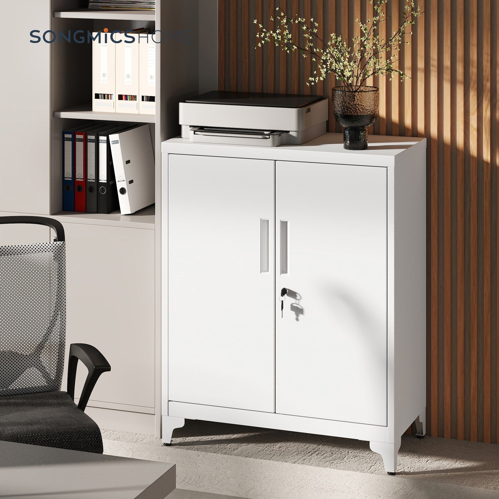 JOYFURNOS Armoire de rangement en acier blanc mat verrouillable, 80 x 40 x 90 cm, 2 portes, ?tagères profondes, Usage polyvalent - Idéale pour garage, bureau, étude ou salon