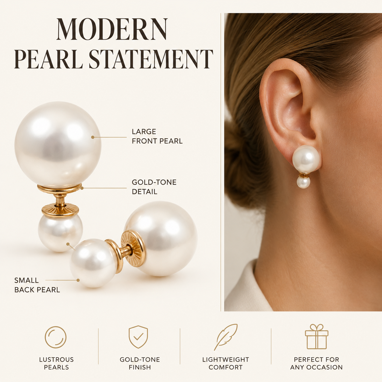 VoxorAI Boucles d'oreilles australiennes classiques à double perle blanche style double, puces d'oreilles, boucles d'oreilles pendantes, bijou de luxe haut de gamme