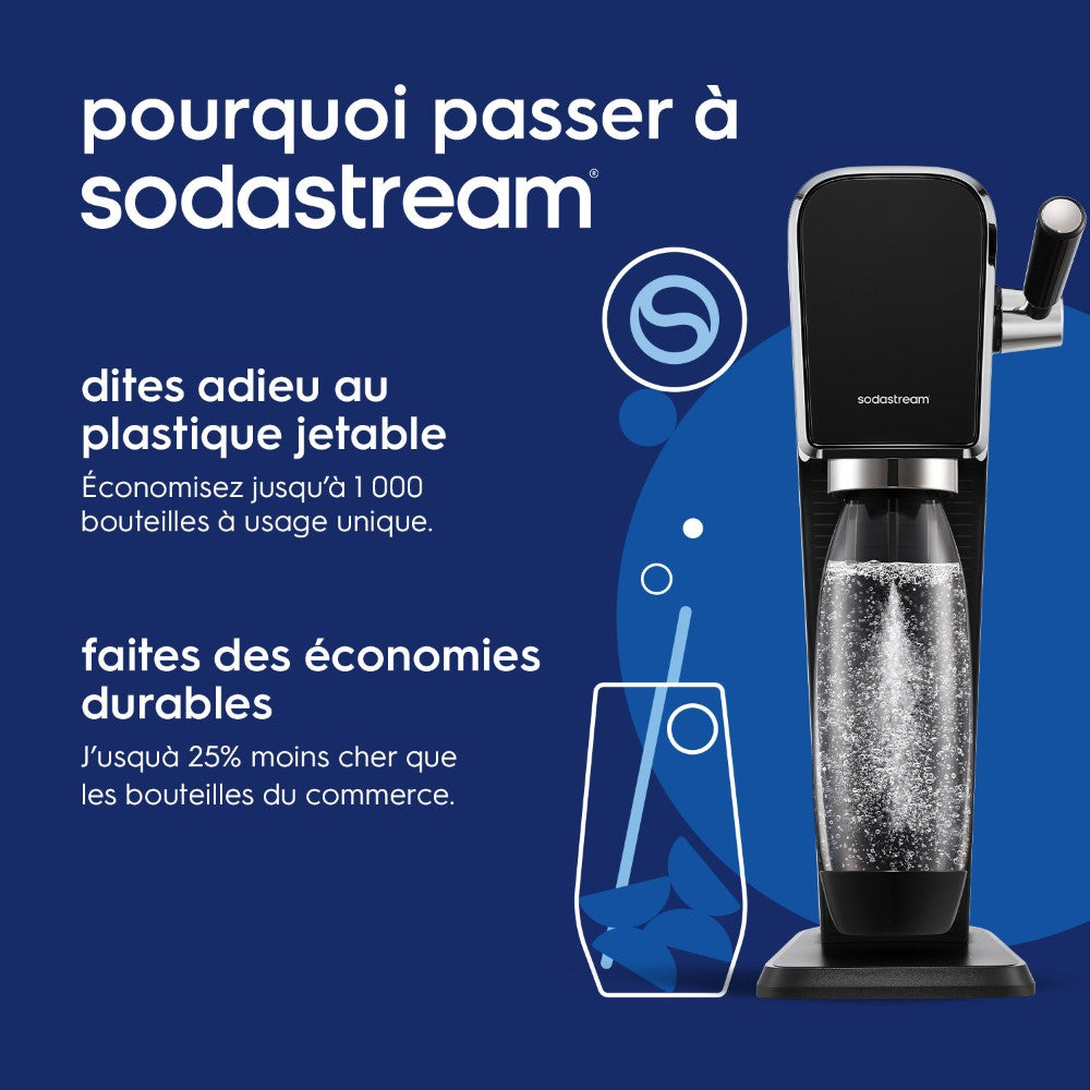 SodaStream ART Machine à eau pétillante et à sodas - 1 Bouteille 1 L - 1 Recharge Gaz 60 L - Noir