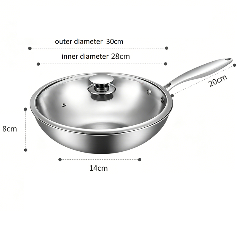 Maxcook Poêle wok tri-ply en acier inoxydable 304, 28 cm, ustensile de cuisson en acier inoxydable à 3 couches avec couvercle en verre pour la cuisine quotidienne MCC7911