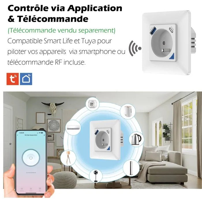 KYF Multiprise encastrée connectée Wi‑Fi pour l'intérieur avec compteur d'énergie et ports USB/USB‑C