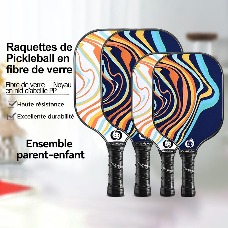 Niupipo Lot de 4 raquettes de pickleball (2 raquettes pour adultes + 2 raquettes pour enfants) – Fibre de verre, Noyau en nid d’abeille en polypropylène, Certifié USAPA, Poignée confortable, Parfait pour une utilisation familiale, MX-23
