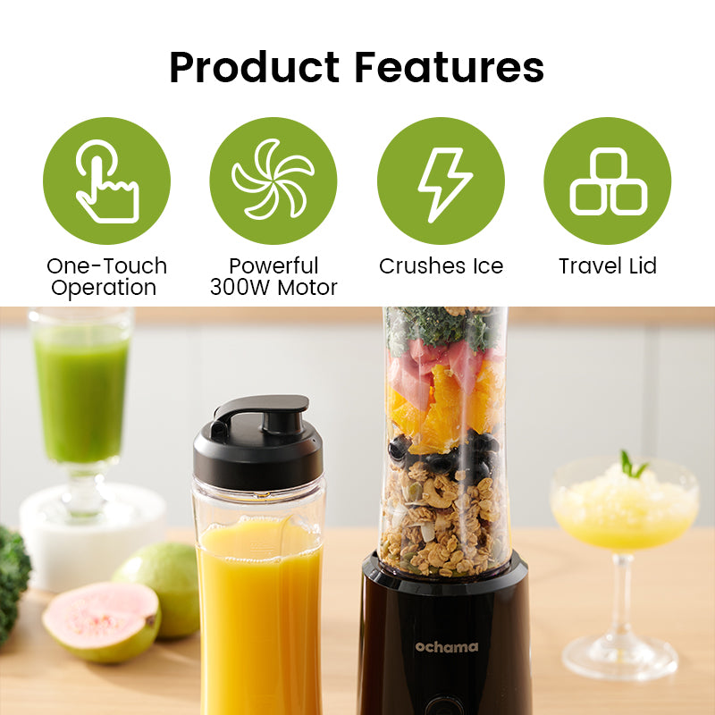 ochama Blender Portable 300W, 600ml Mini Smoothie Maker avec Gourde, Compact pour la Maison, Commande à Une Touche, Glace Pilée, Lames Amovibles, Milkshakes, Jus, Nourriture Bébé, Boissons Fraîches