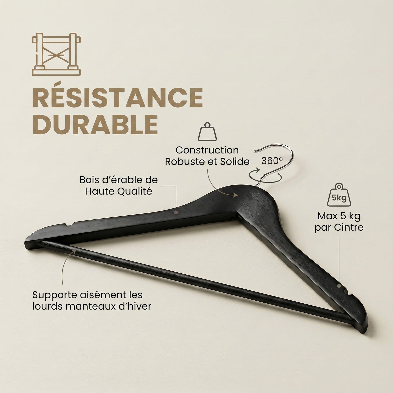 JOYFURNOS Cintres en Bois Massif, Lot de 10, Avec Rainures sur les Épaules, Pour Costumes, Chemises, Manteaux, Noir