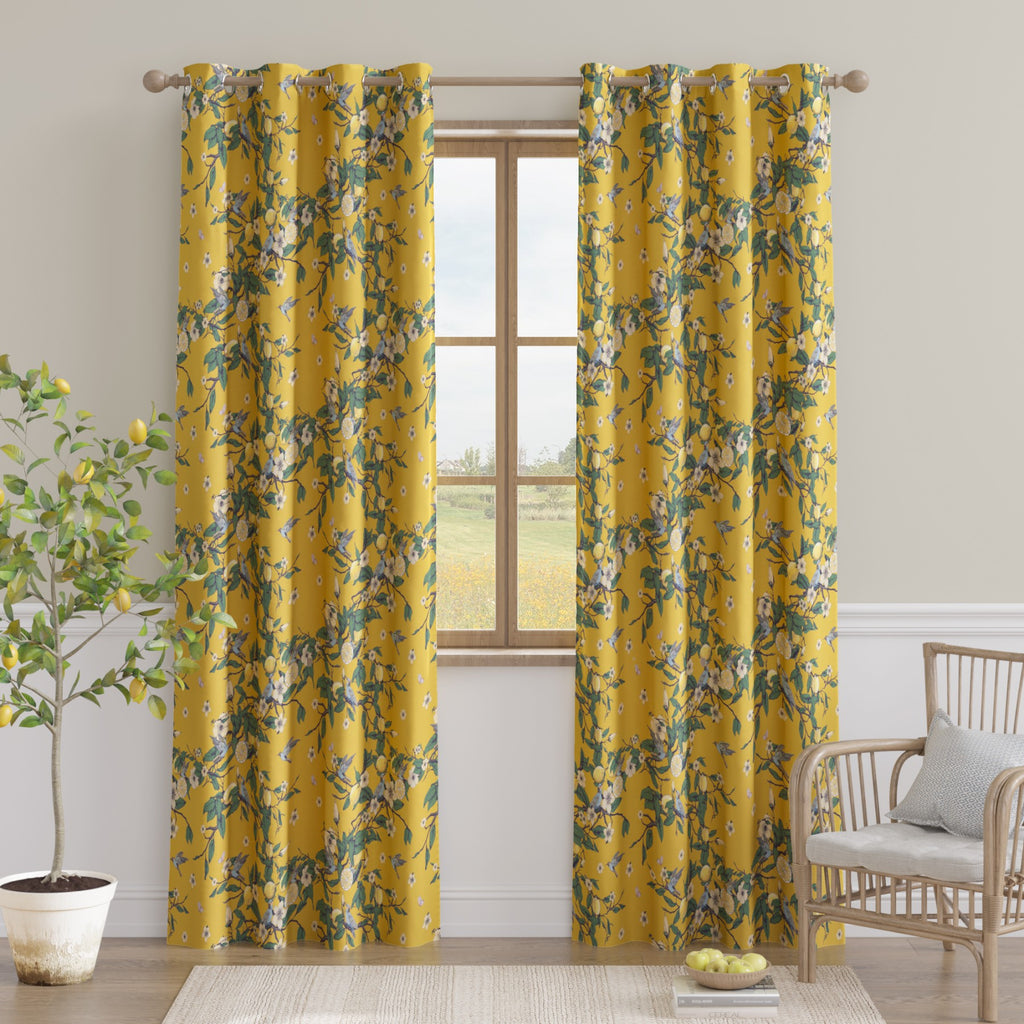 PONY DANCE Rideaux Occultants Motif Colibri Citron Style Illustration Mid Century pour Salon, Chambre, 2 Panneaux, L 132 x H 220 cm, Jaune Moutarde