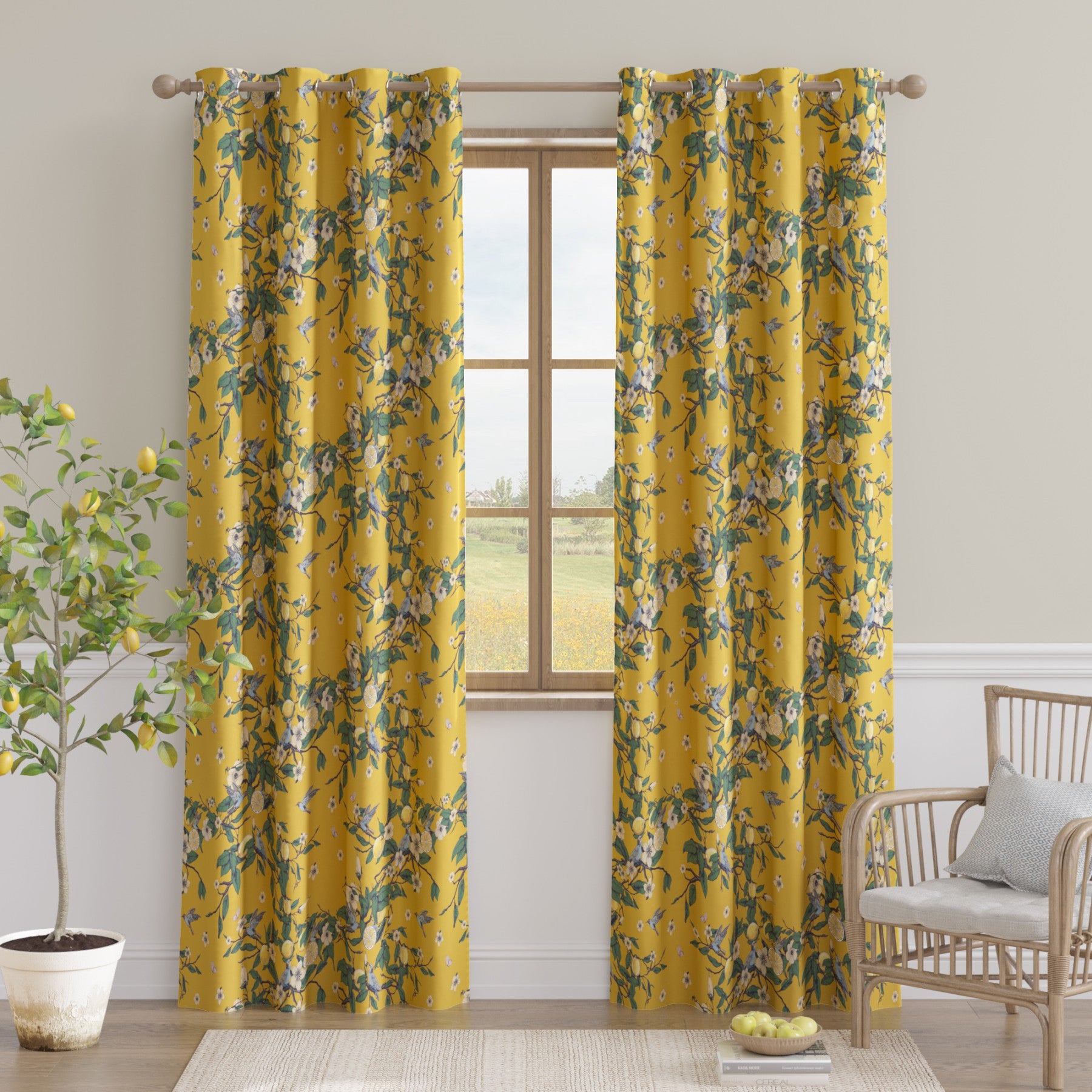 PONY DANCE Rideaux Occultants Motif Colibri Citron Style Illustration Mid Century pour Salon, Chambre, 2 Panneaux, L 132 x H 220 cm, Jaune Moutarde
