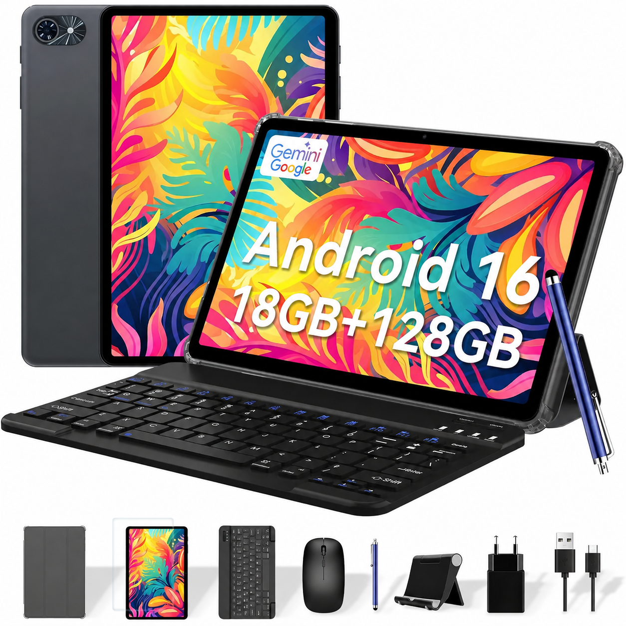 TABWEE T80 (6 Go+128 Go, ), 10 pouces, Android 15, 6000 mAh – Livré avec clavier/souris/stylet/coque/support/film verre – BT5.0, WiFi 5G, Gemini AI