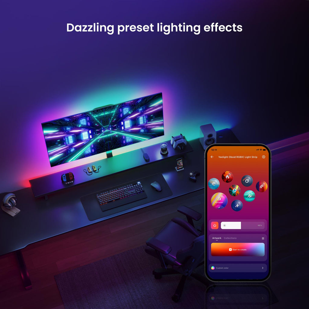 Yeelight Obsid RGBIC – Ruban LED intelligent à changement de couleur pour pièce, TV, bureau et ambiance de jeu, 1 pièce, 2 m