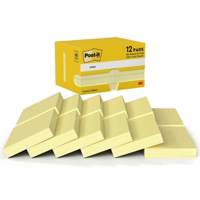 Notes repositionnables Post-it, jaune canard, 51 mm x 76 mm, 100 feuilles/feuille, 12 feuilles/lot, emballage en carton, certification PEFC 100 %, SGSCH-PEFC-COC-110078
