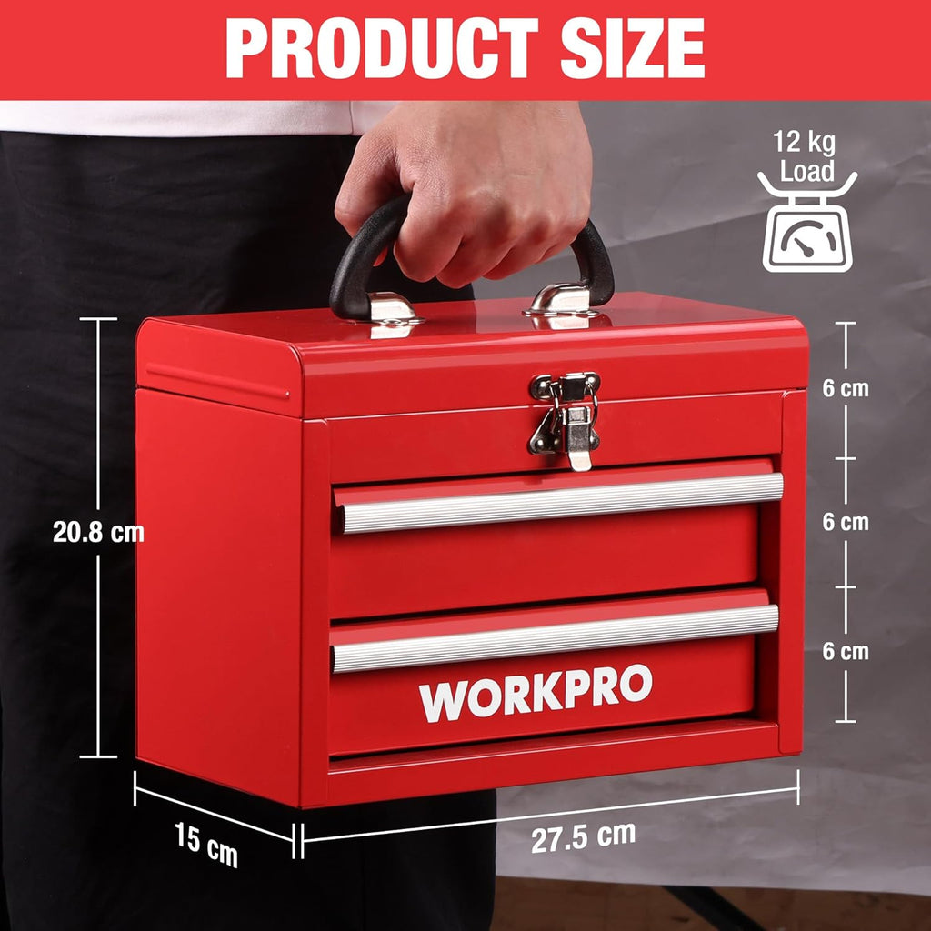 WORKPRO Mini portable, boîte en acier à double compartiment (glissière à rouleaux améliorée, avec serrure et poignée) - Rouge