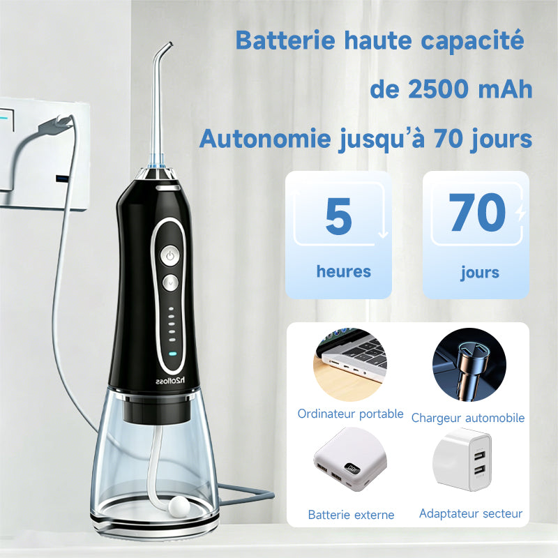h2ofloss Hydropulseur dentaire portable, batterie 2500 mAh, 140 psi, 5 canules, étanche IPX7, 5 modes, rechargeable par USB - Noir
