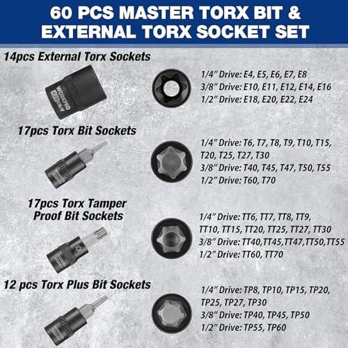 WORKPRO Jeu de 60 Pièces de Douilles d'Embouts Torx Master, Embouts 1/4", 3/8", 1/2", E4-E24, T6-T70, TT6-TT70, TP8-TP60, avec Étui de Rangement Amélioré