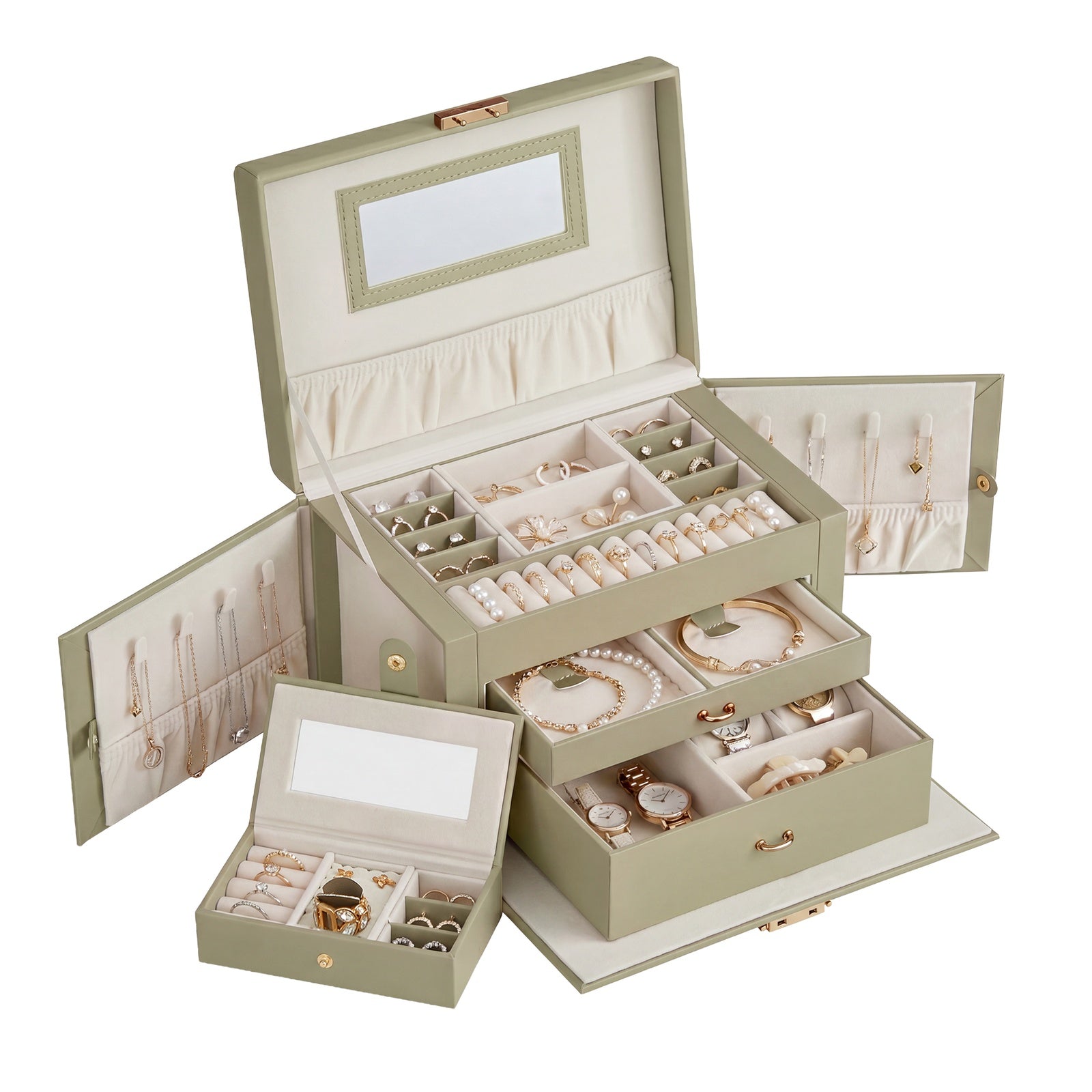 JOYFURNOS Boîte de rangement pour bijoux à 3 niveaux, Organisateur verrouillable avec poignée et 2 tiroirs, Cadeau pour femme, Usage de voyage, Vert
