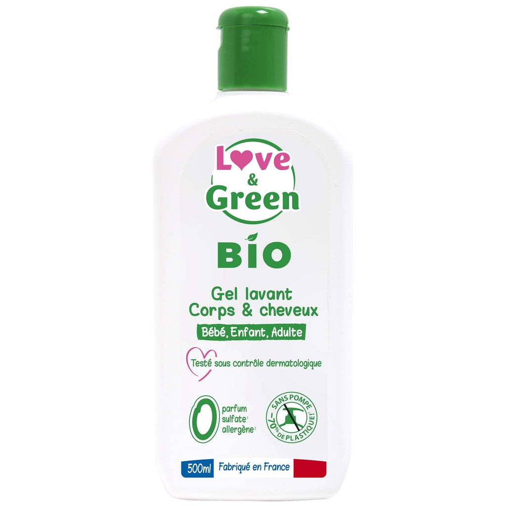 LOVE & GREEN Gel Nettoyant Corps & Cheveux 2-en-1 Bio Peaux Sensibles - 500 ml
