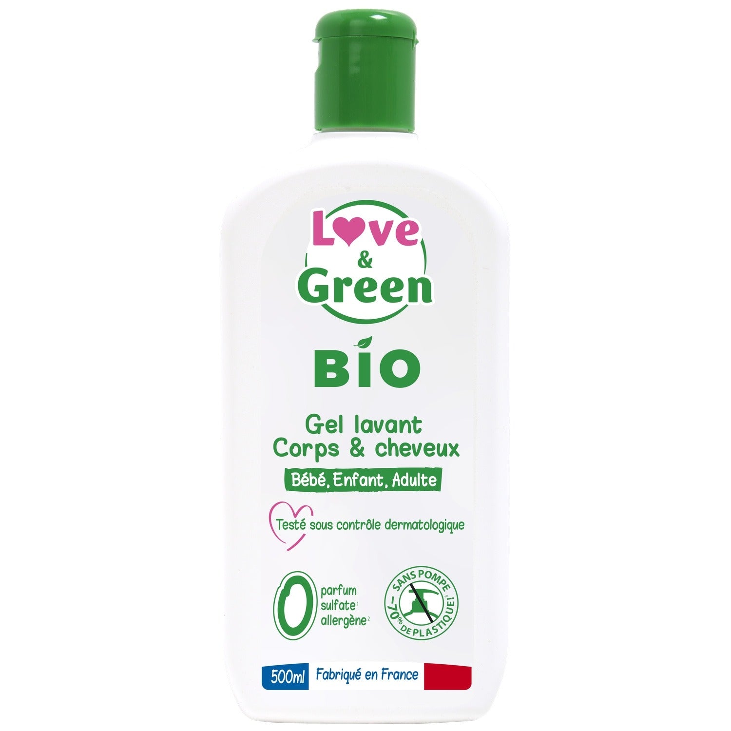 LOVE & GREEN Gel Nettoyant Corps & Cheveux 2-en-1 Bio Peaux Sensibles - 500 ml