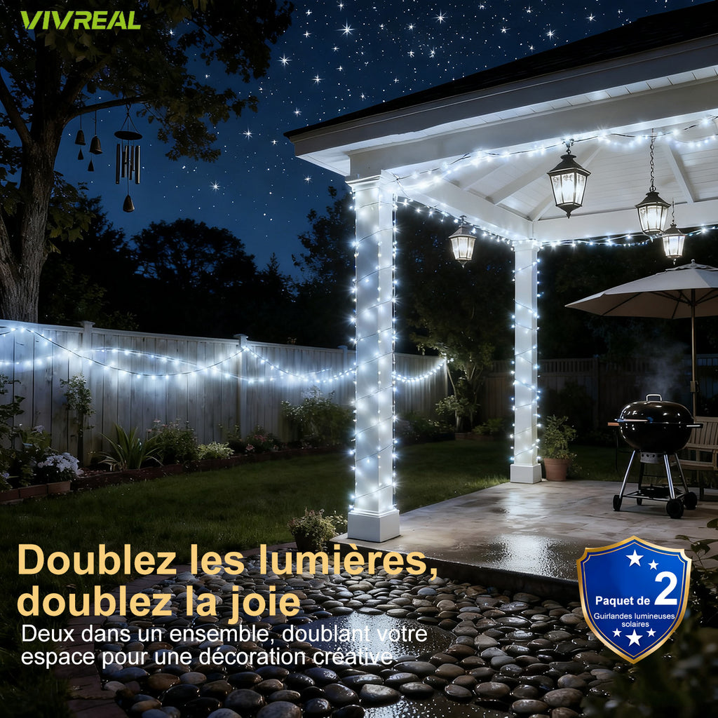 VIVREAL IL-CSL-BB01 Lot de 2 guirlandes lumineuses solaires en fil de cuivre 120 LED multicolores, étanche, pour extérieur - 12 m
