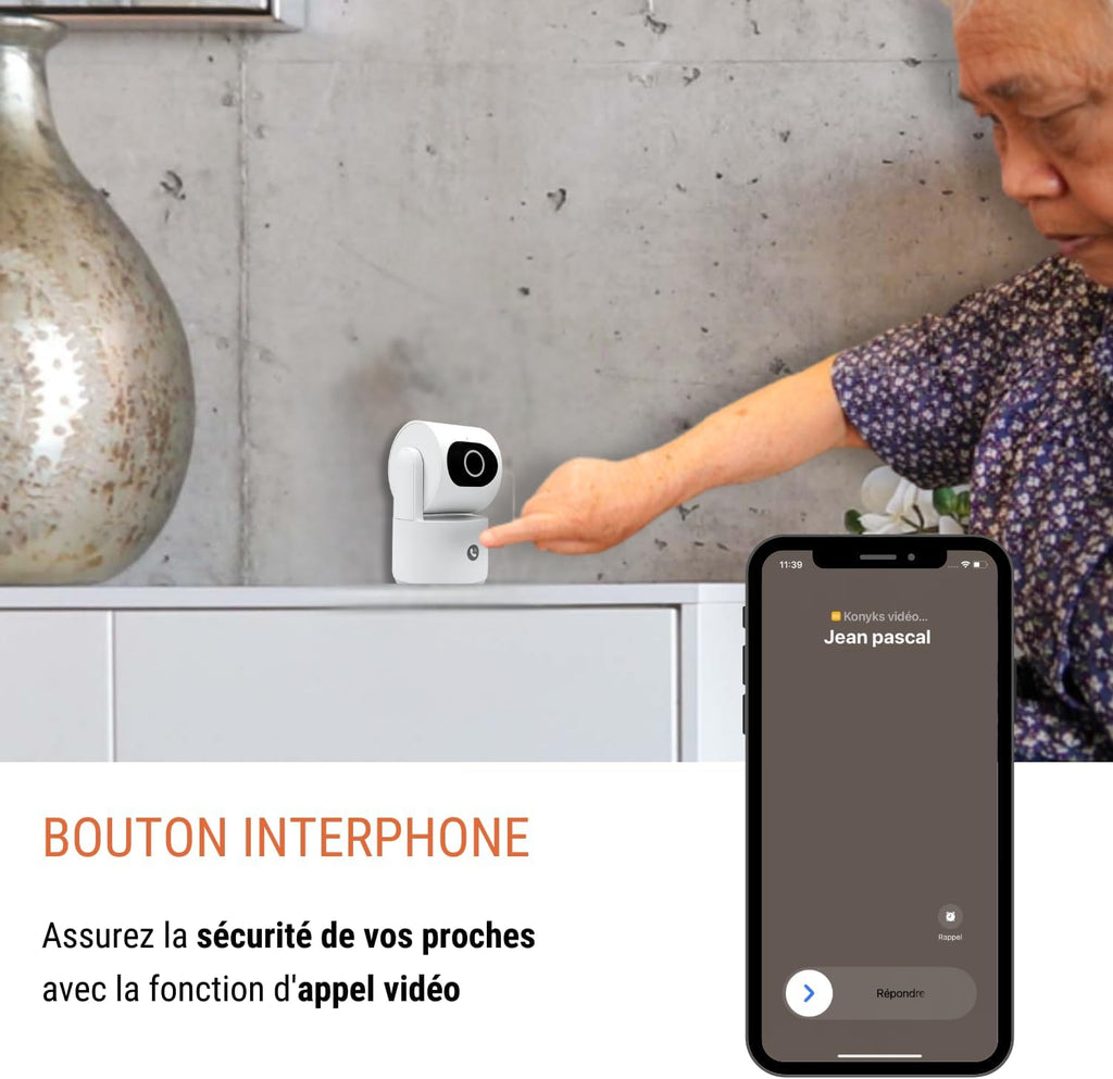 Konyks Camini Care 2 Caméra de Surveillance intérieure WiFi PTZ, 3MP, Bouton d'appel vidéo et Sirène intégrée, Notifications Smartphone, Détection de Mouvement et Bruit