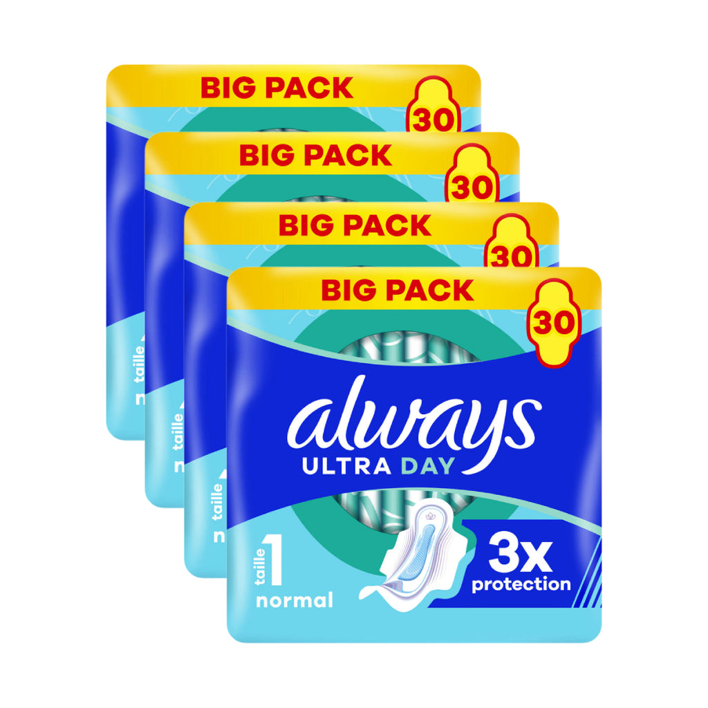 Always Ultra Day Serviettes Hygiéniques Avec Ailettes Flux Normal Taille 1 - 120 Unités (4 Paquets de 30)