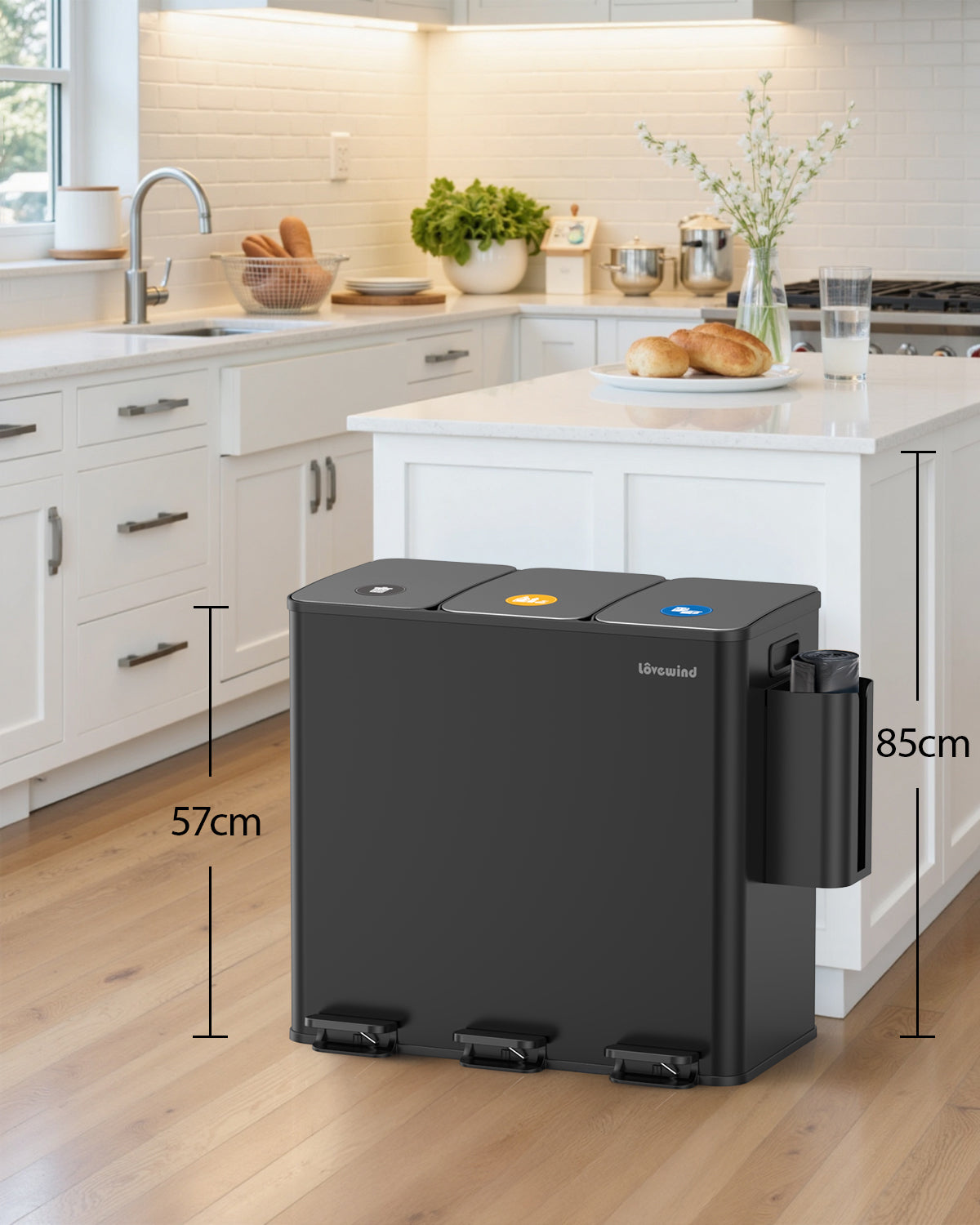 Poubelle de cuisine 60 L (3 x 20 L) en acier inoxydable, poubelle et bac de recyclage combinés avec couvercle à fermeture douce, poubelle à pédale à double compartiment pour recyclage, noir