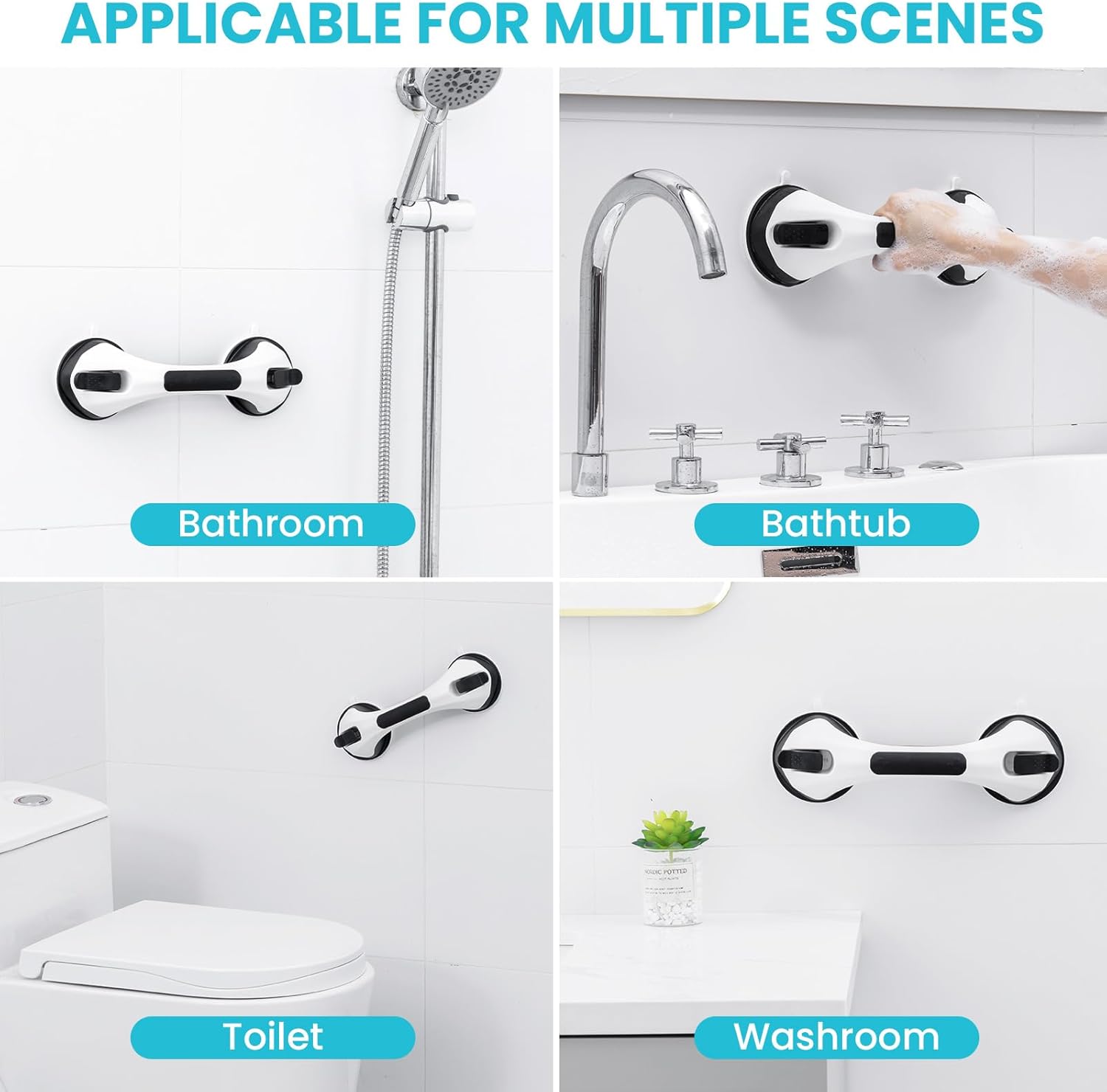 TAILI Poignées de douche pour personnes âgées à ventouse, lot de 2 barres d'appui de douche de 12 pouces pour seniors, barres d'appui pour baignoires et douches