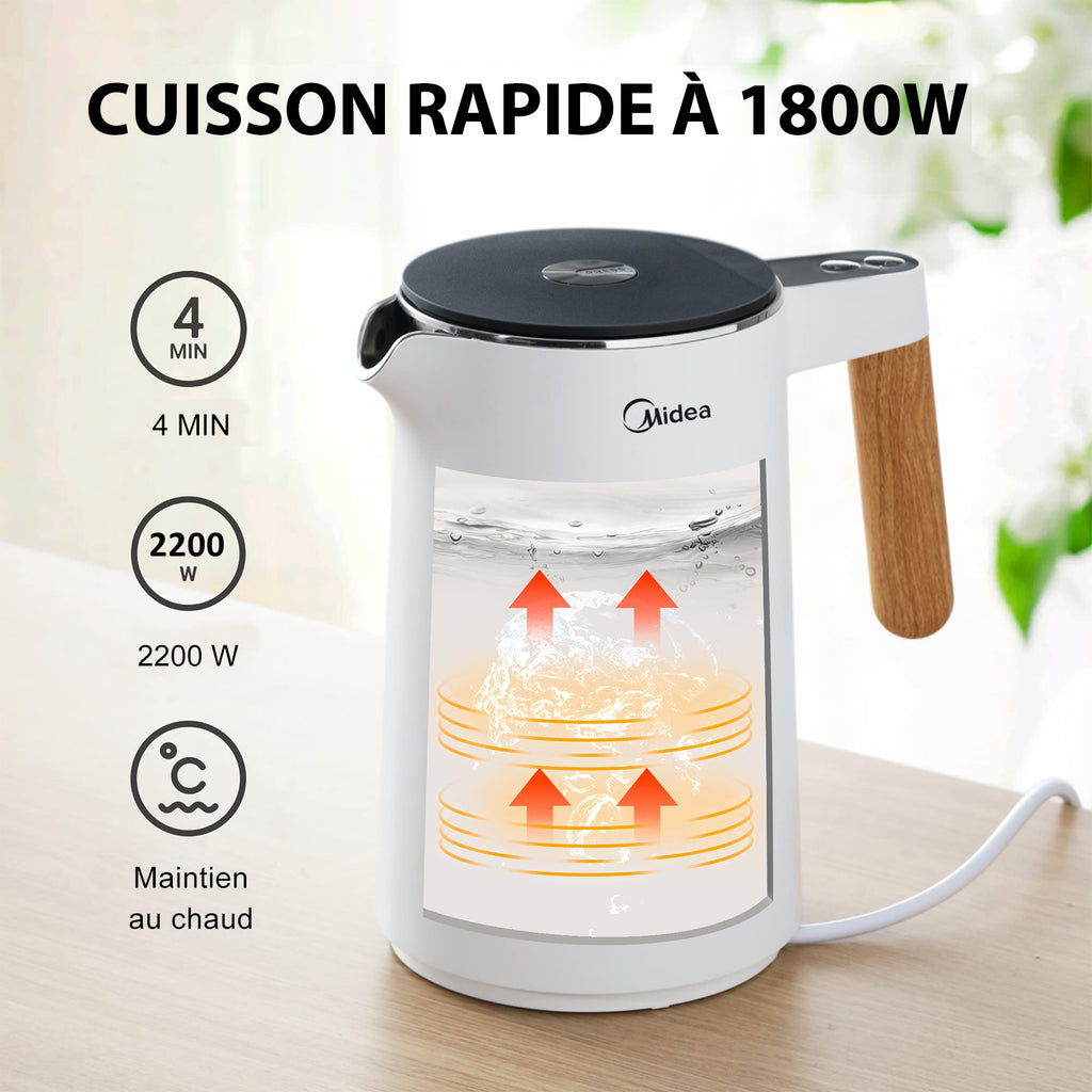Midea Bouilloire électrique en acier inoxydable - 1,5 L - 2200 W - Ébullition rapide - Contrôle de la température - Maintien au chaud de 45 à 100 °C - Affichage LED - Double paroi - Sans BPA - Blanc