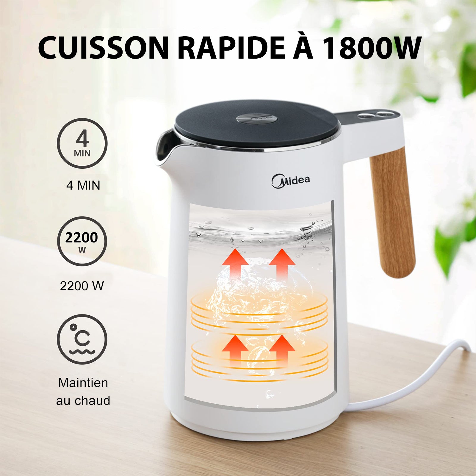 Midea Bouilloire électrique en acier inoxydable - 1,5 L - 2200 W - Ébullition rapide - Contrôle de la température - Maintien au chaud de 45 à 100 °C - Affichage LED - Double paroi - Sans BPA - Blanc