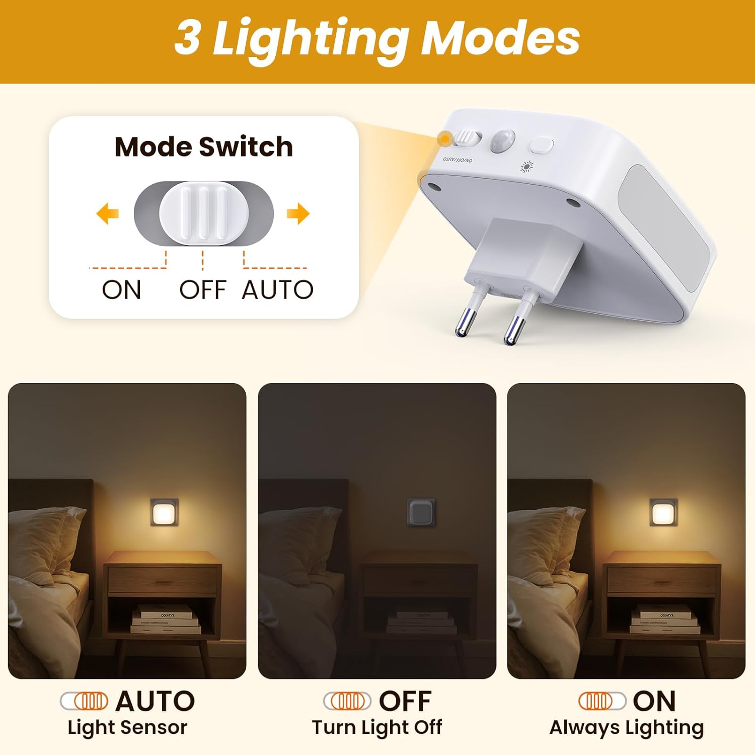 Lot de 2 veilleuses lumineuses avec capteur lumineux, économe en énergie, blanc chaud, éclairage dimmable continu, 0,3 W, 110-240 V, ABS et métal, pour chambre à bébé et couloir
