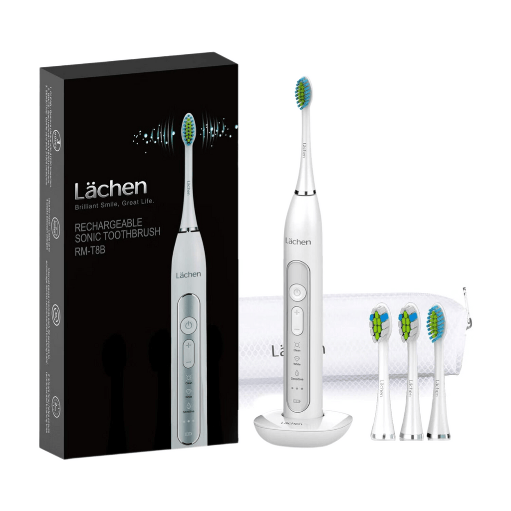 Lächen Brosse à dents électrique sonique pour adultes – Rechargeable, avec étui et 6 têtes de brosse – Idéale pour les voyages et l'usage familial – Recharge sans fil, 5 modes, 48 000 VPM - Blanc