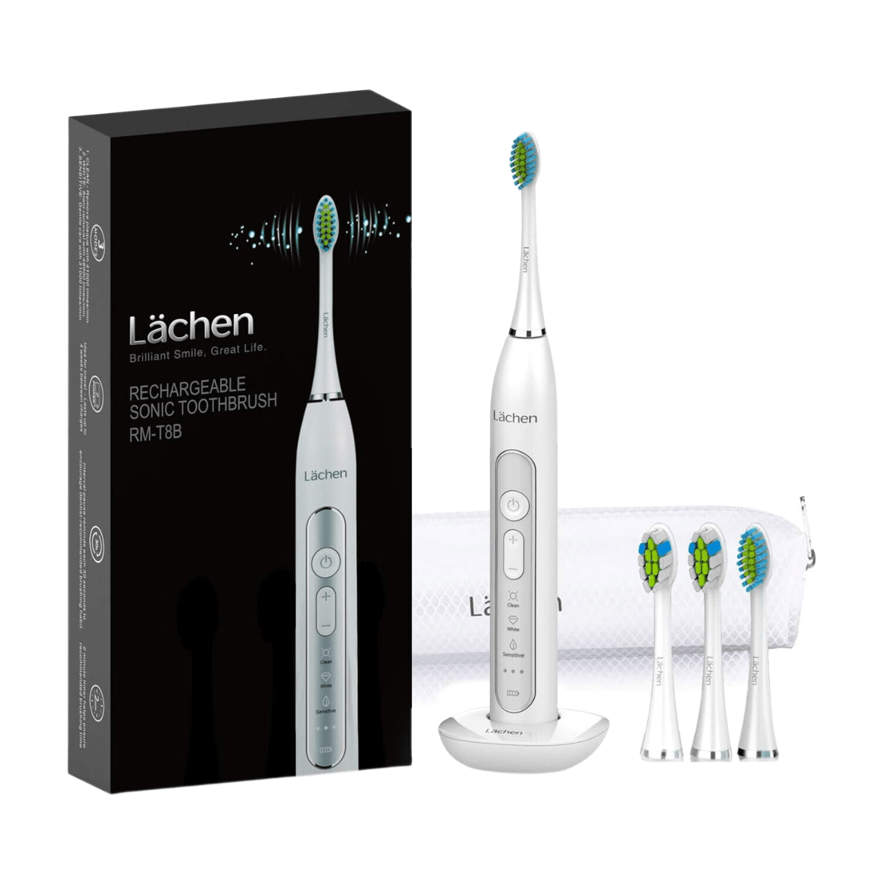 Lächen Brosse à dents électrique sonique pour adultes – Rechargeable, avec étui et 6 têtes de brosse – Idéale pour les voyages et l'usage familial – Recharge sans fil, 5 modes, 48 000 VPM - Blanc