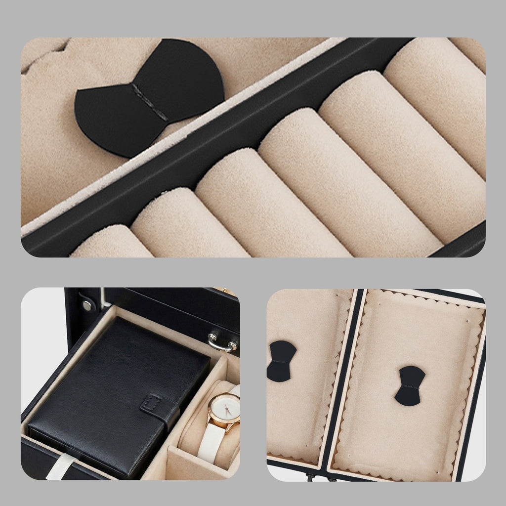 JOYFURNOS Boîte à bijoux 3 niveaux, Organisateur de bijoux avec 2 tiroirs, Étui à bijoux avec étui de voyage portable, Avec poignée, Verrouillable, Rangement pour bijoux, Cadeau pour les proches, Noir