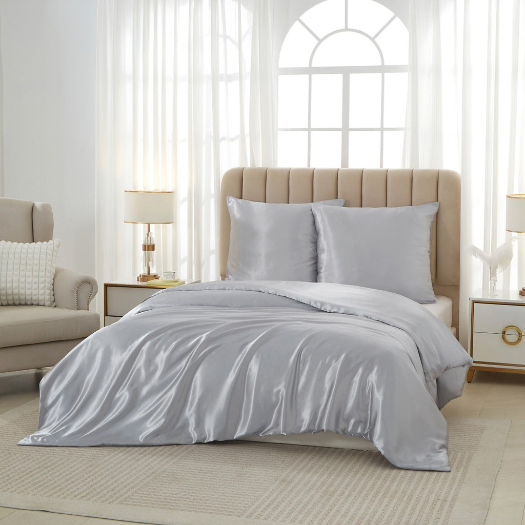 MEEALLHOME Parure de lit satinée gris - 1 housse 140 x 200 cm et 1 taie 65 x 65 cm