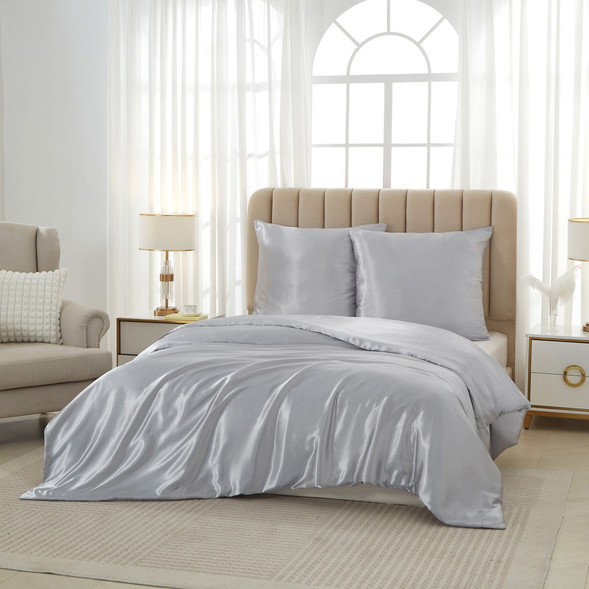 MEEALLHOME Parure de lit satinée gris - 1 housse 140 x 200 cm et 1 taie 65 x 65 cm