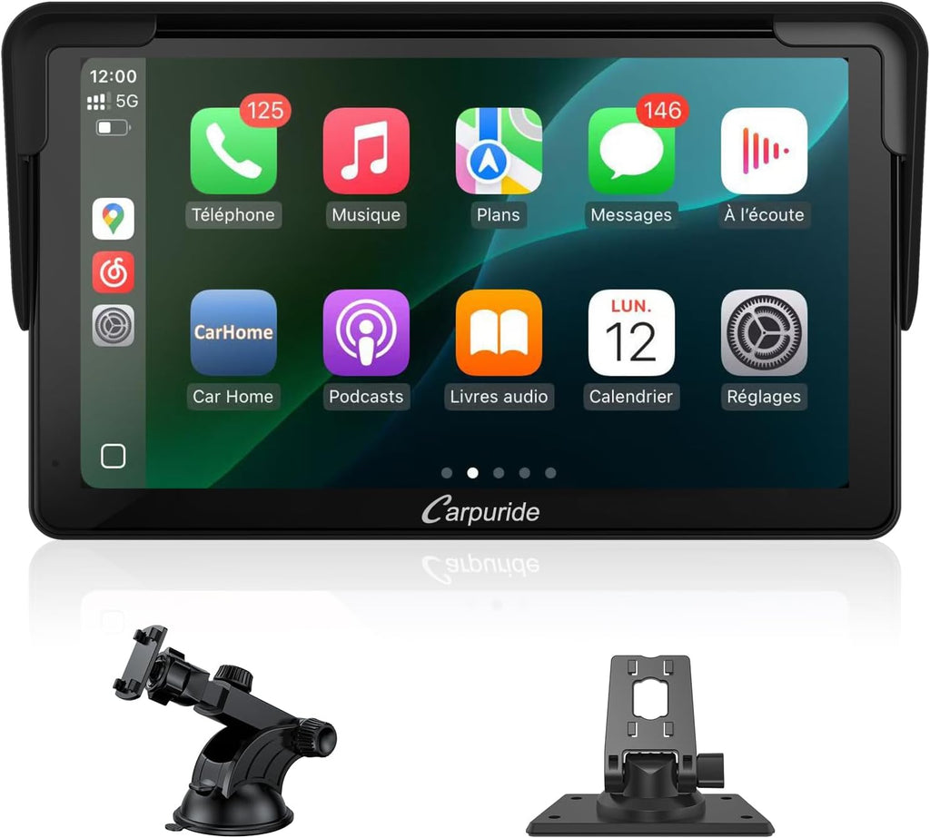 Autoradio CARPURIDE, portable sans fil Carplay & Android Auto, radio tactile 7 pouces 1080P HD avec BT 5.0, prise en charge Mirror Link, support de tableau de bord pour camion camping-car