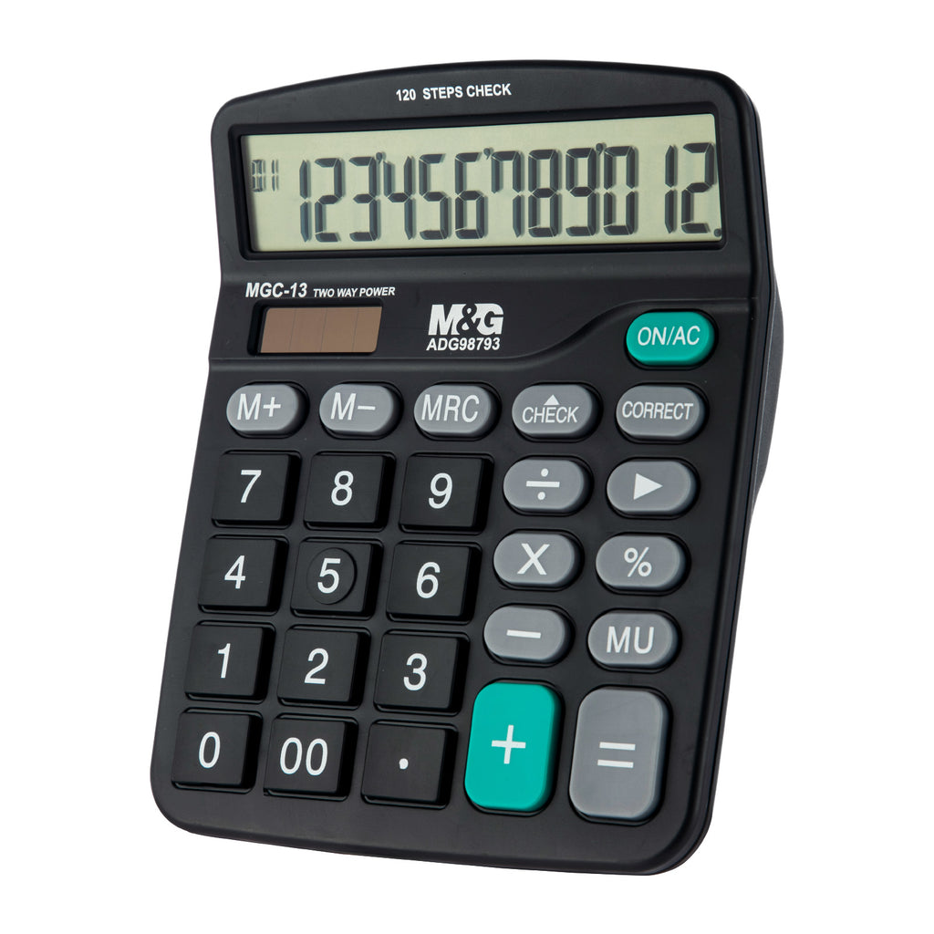 M&G Calculatrice de bureau 12 chiffres avec grand écran LCD, fonction de vérification et de correction, double alimentation solaire et batterie - Noir