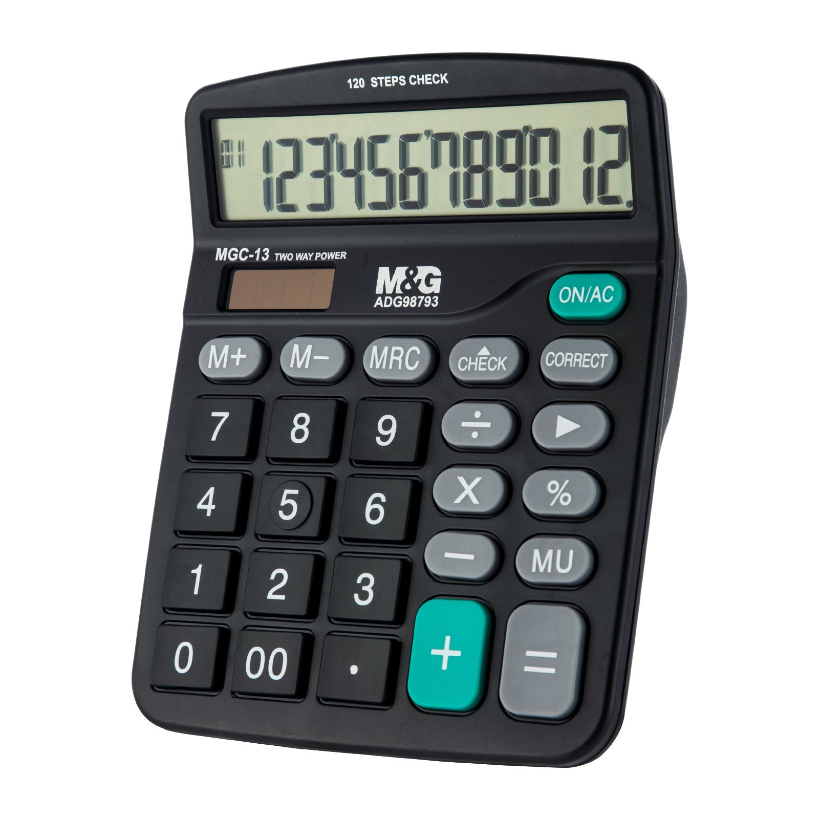 M&G Calculatrice de bureau 12 chiffres avec grand écran LCD, fonction de vérification et de correction, double alimentation solaire et batterie - Noir