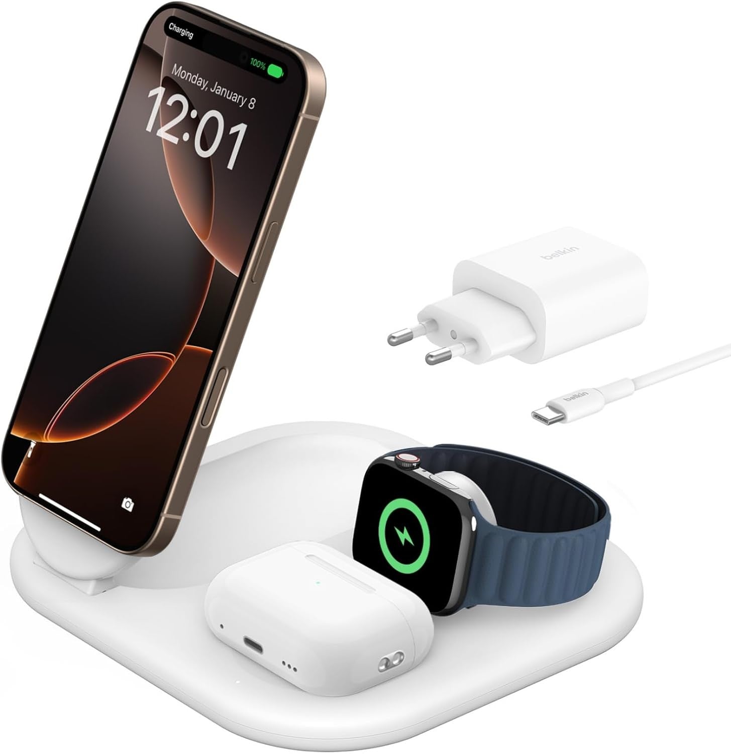 Belkin BOOST CHARGE Station de charge sans fil Qi2 3-en-1 15 W blanc