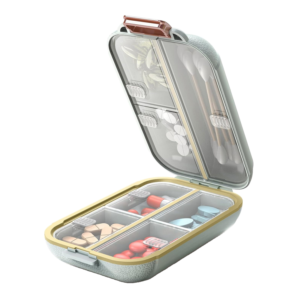 GAONLY Pilulier portable, Boîte à pilules avec 7 compartiments, Petit étui à pilules de voyage, Pilulier quotidien avec couvercle hermétique, Récipient à pilules en matériau sans BPA Vert