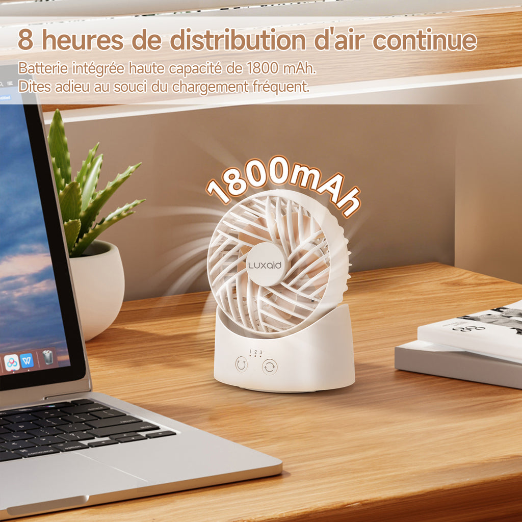 Luxaid Mini ventilateur de bureau, oscillation à 60°, 3 vitesses, batterie 1800 mAh avec chargement USB-C, autonomie continue de 8 h, compact et portable