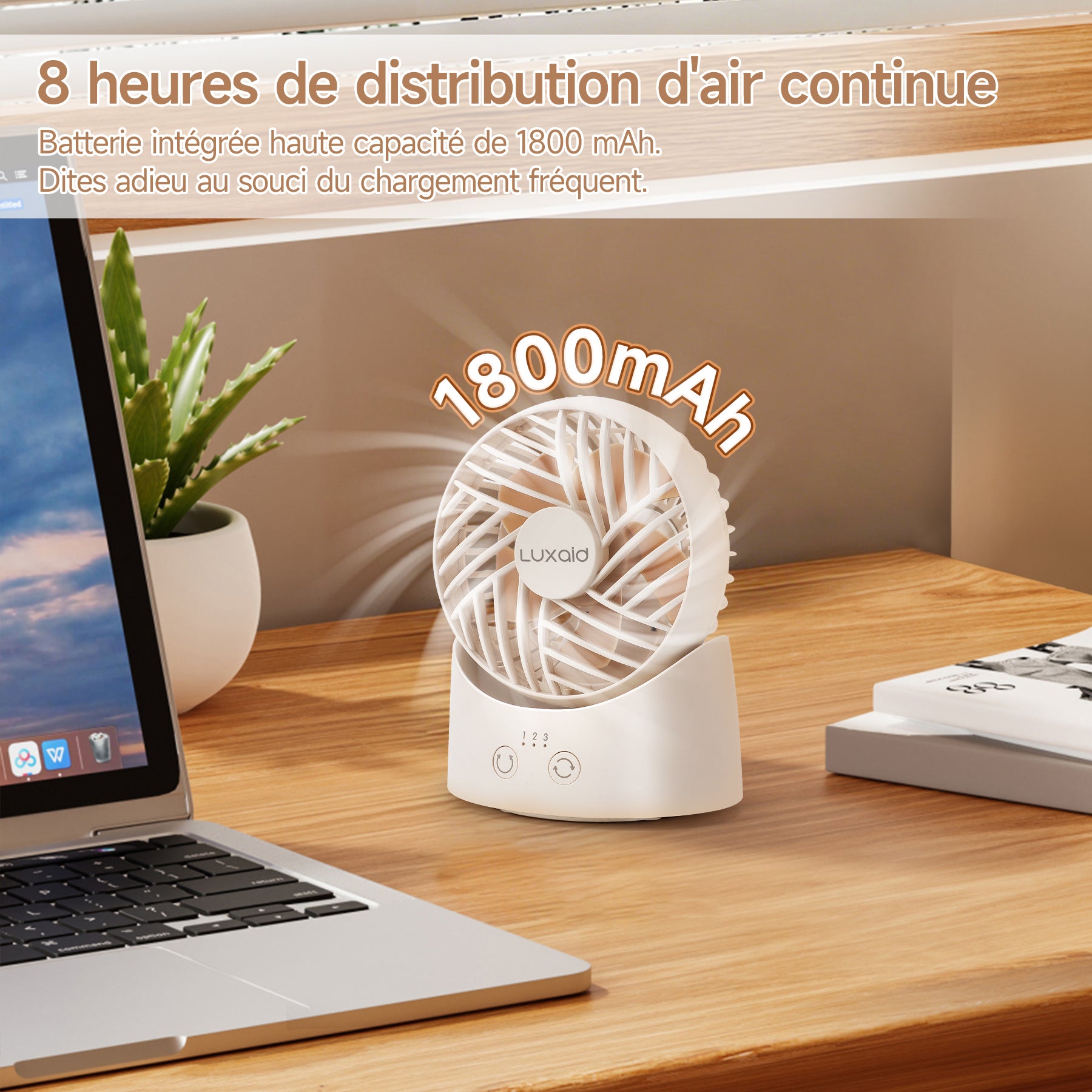 Luxaid Mini ventilateur de bureau, oscillation à 60°, 3 vitesses, batterie 1800 mAh avec chargement USB-C, autonomie continue de 8 h, compact et portable