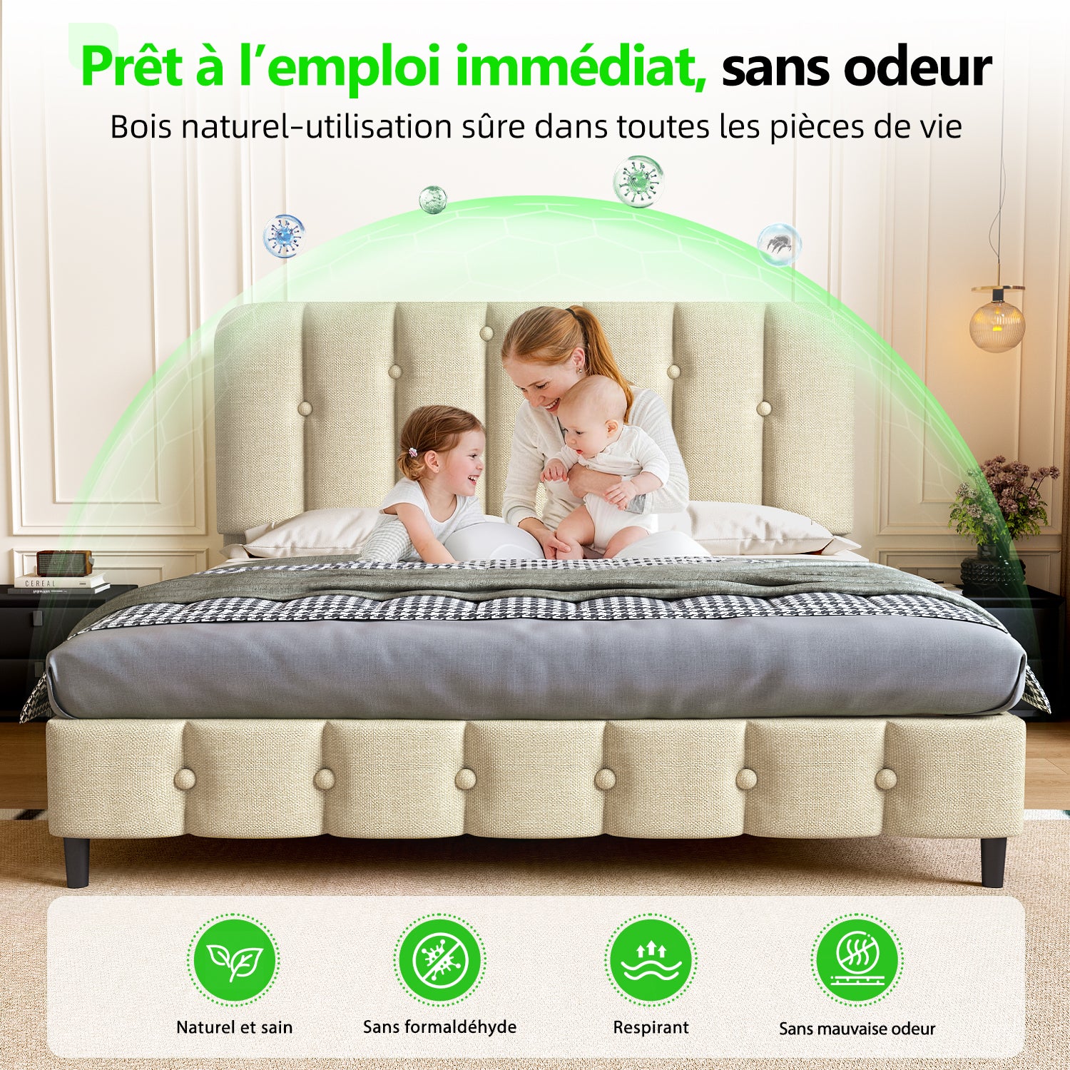 GTIMEX Lit capitonné 212,5 x 145 x 110 cm avec sommier à lattes, Capacité de charge statique : 390 kg, Lit double avec tête de lit rembourrée, Montage facile, Cadre robuste et tissu en lin de haute qualité, Beige