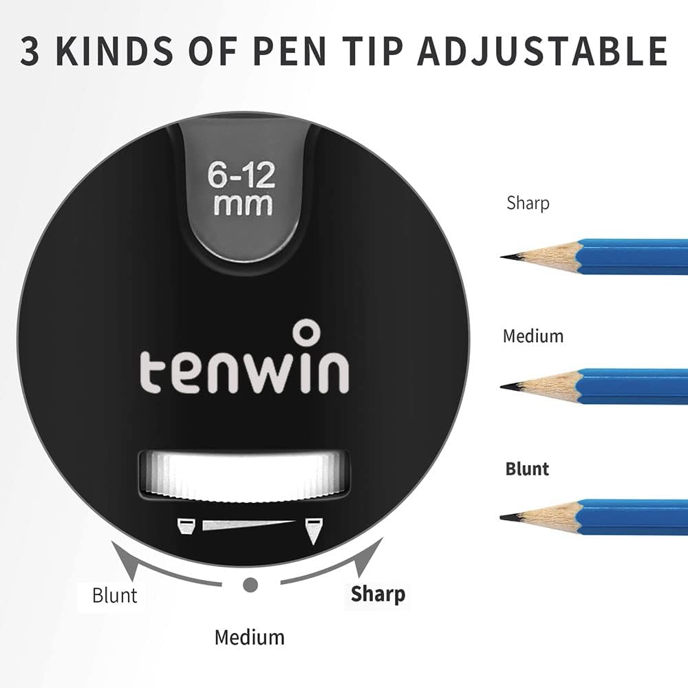 tenwin Taille-crayon électrique avec récipient, alimenté par adaptateur secteur, pour crayons de couleur de 6 à 12 mm, arrêt automatique, pour artistes, enfants, bureau