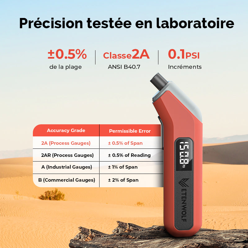 ETENWOLF T300 Plus Manomètre numérique de pression des pneus 200 PSI, avec écran LED lumineux et adaptateur de valve Presta - Orange vif
