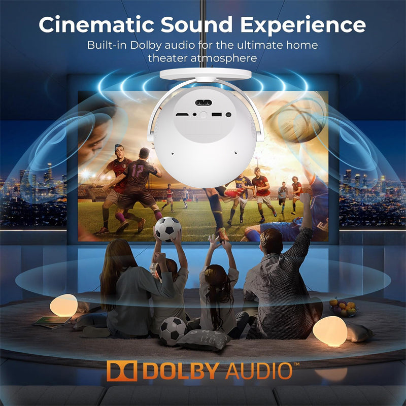 XBJ Projecteur intelligent portable 360°, Full HD 1080P, Rotation à 360° pour projection plafond/mur/table, Projecteur d’extérieur, 500 lumens, Écran 120 pouces, Correction trapézoïdale automatique et 6D, Home cinéma, Wi-Fi/BT/HDMI, Compatible avec t