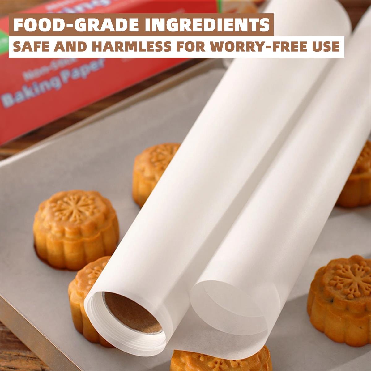 Rouleau de Papier Cuisson Antiadhésif 30cm*50m, Feuilles Prédécoupées Résistantes à la Graisse pour Four et Friteuse à Air, Papier de Cuisson Non Blanchi