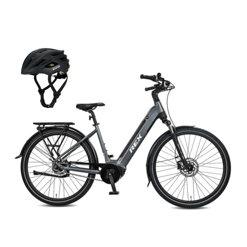 Rex Commuter+ Vélo Électrique Wave 48 Gris + OutdoorMaster Casques de Cyclisme sur Route MIPS Adultes Noir L