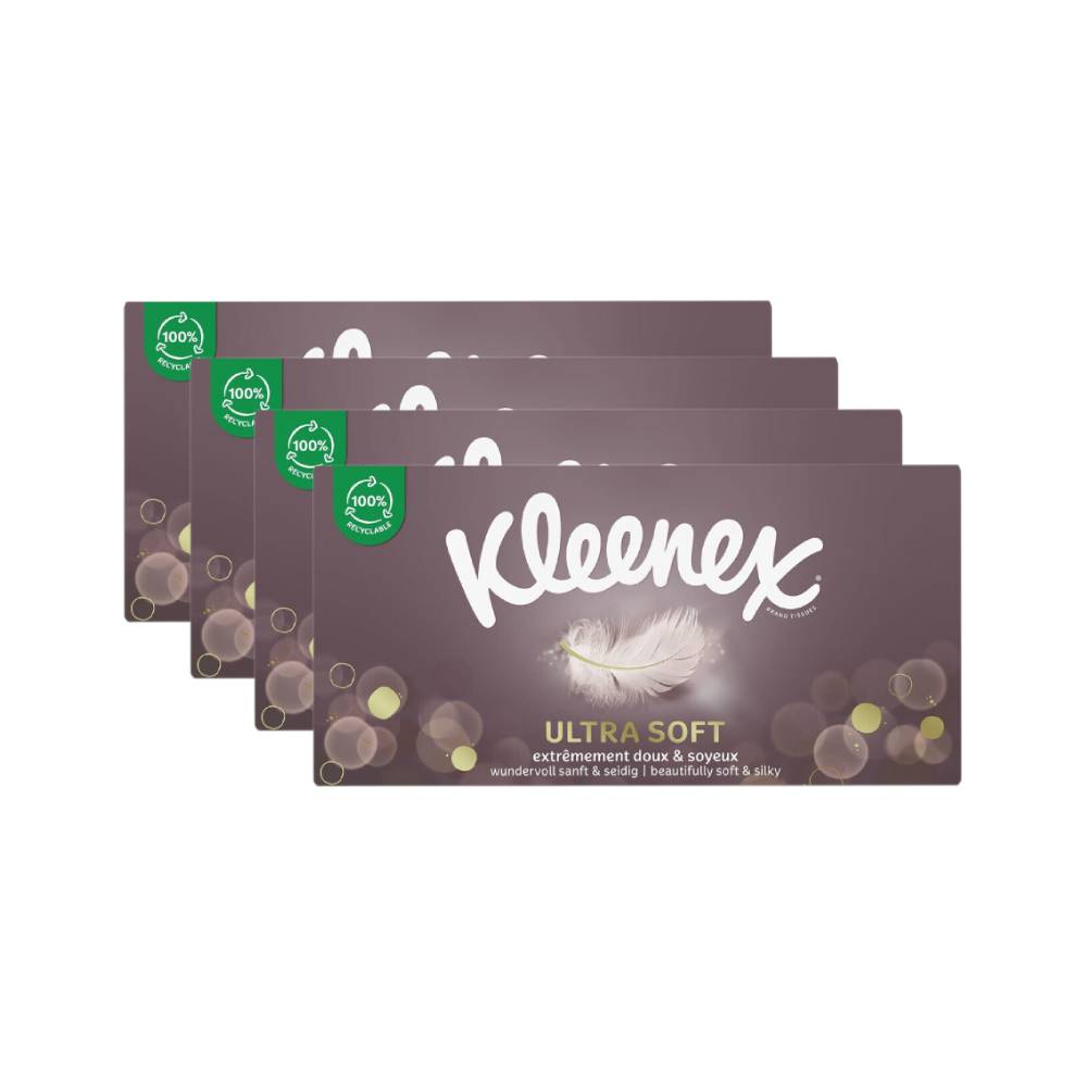 Kleenex mouchoirs en papier ultra-doux, 3 plis, doux et soyeux, 4 boîtes, 256 mouchoirs (4 paquets de 1)