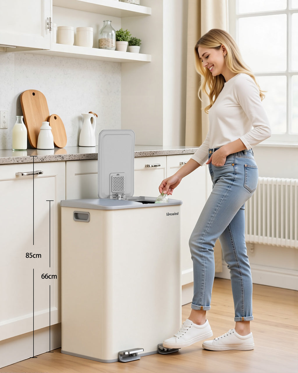 Poubelle de cuisine 60 L (2 x 30 L) en acier inoxydable, poubelle et bac de recyclage combinés avec couvercle à fermeture douce, poubelle à pédale à double compartiment pour recyclage, abricot
