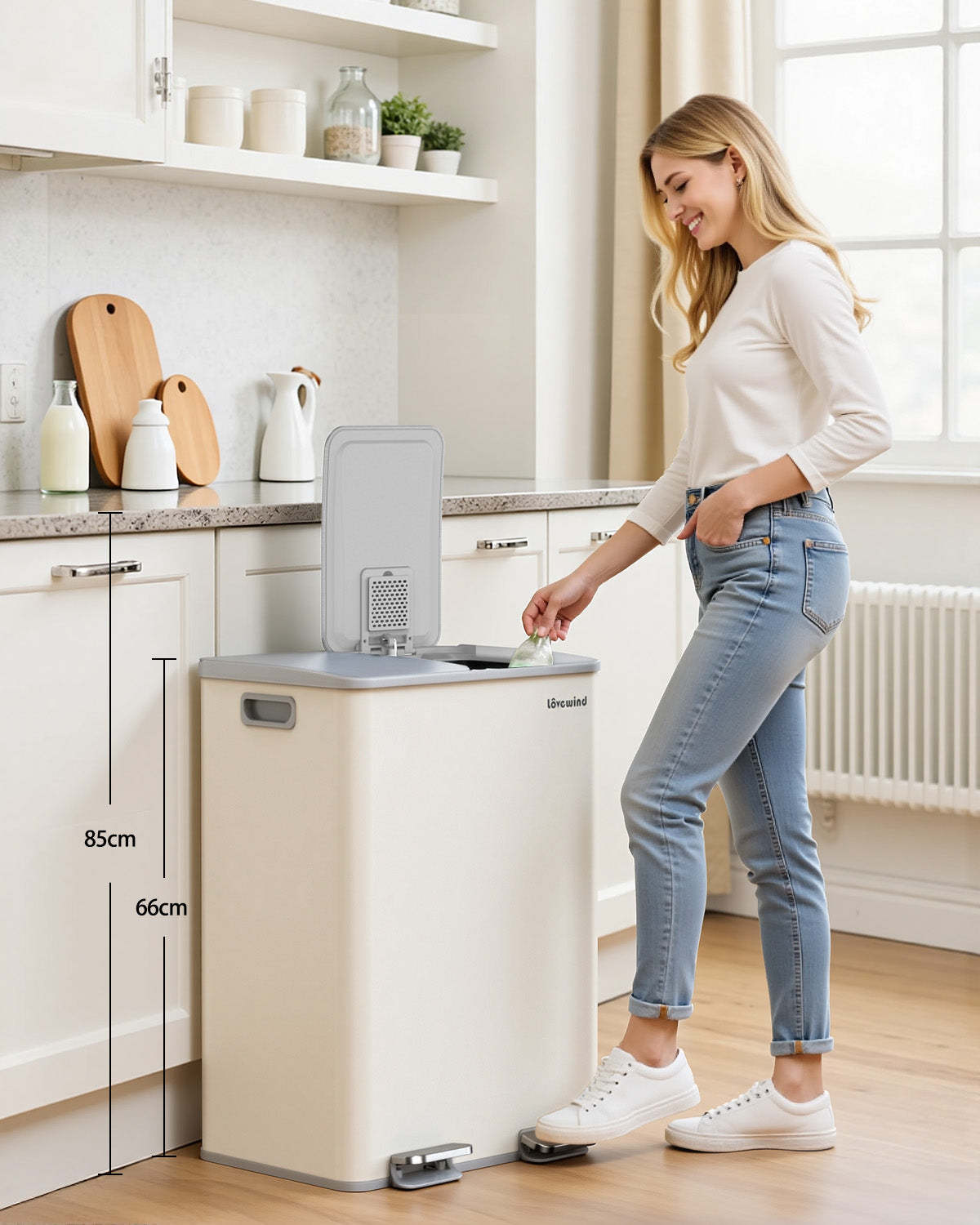 Poubelle de cuisine 60 L (2 x 30 L) en acier inoxydable, poubelle et bac de recyclage combinés avec couvercle à fermeture douce, poubelle à pédale à double compartiment pour recyclage, abricot